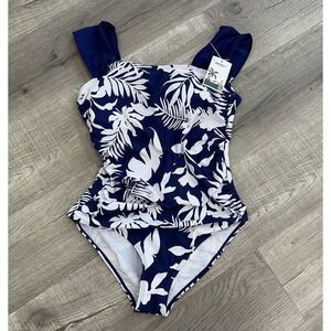 Women B2PRITY One Price Swimsuit Navy White Tropical Palm Print Ruched Front NWT